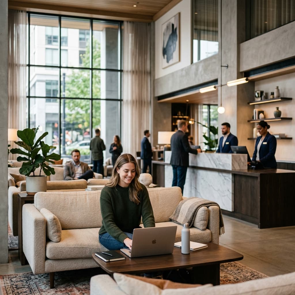 Guest enjoying hotel lobby Wi-Fi