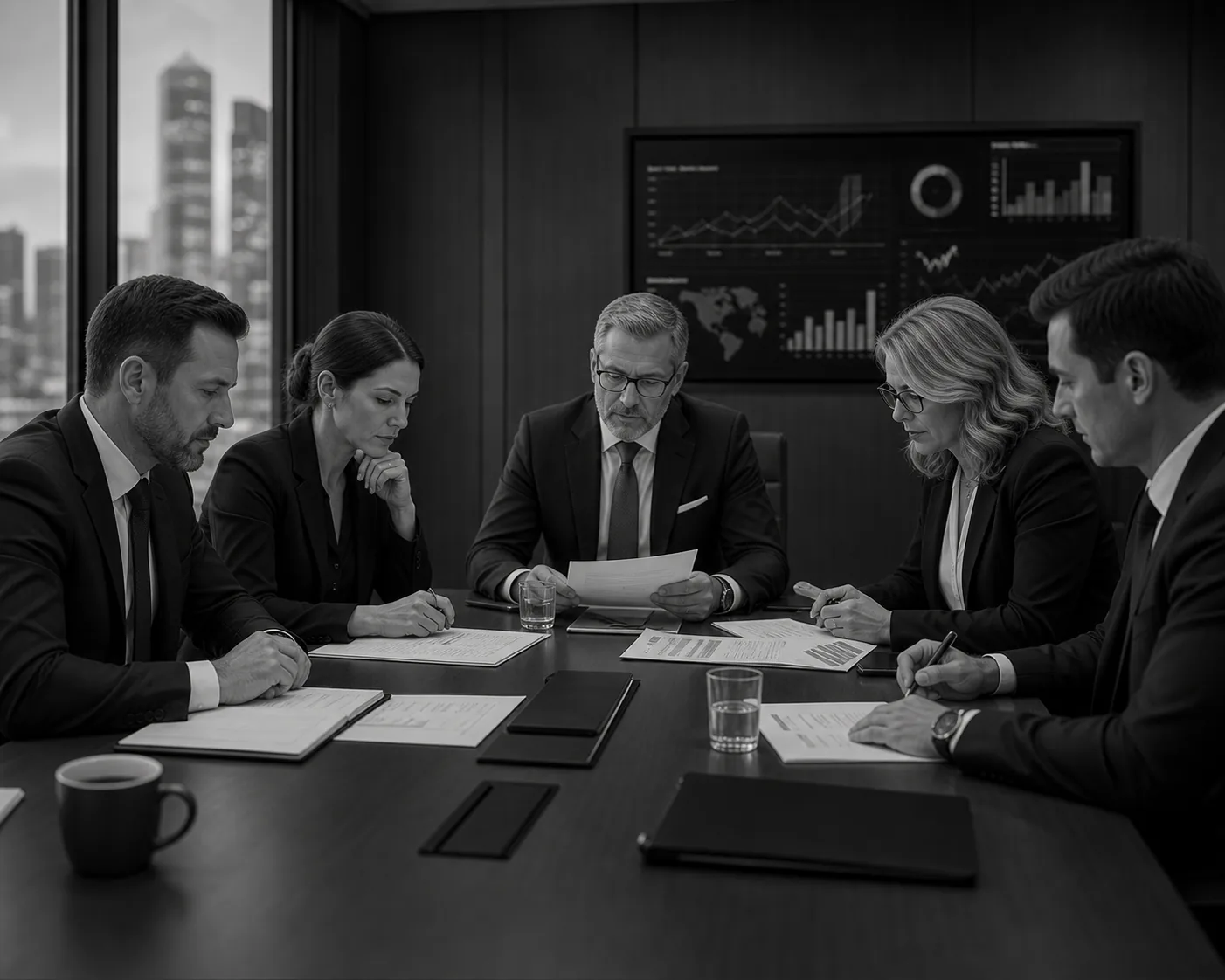 Australian business leaders reviewing cybersecurity compliance and risk documentation.